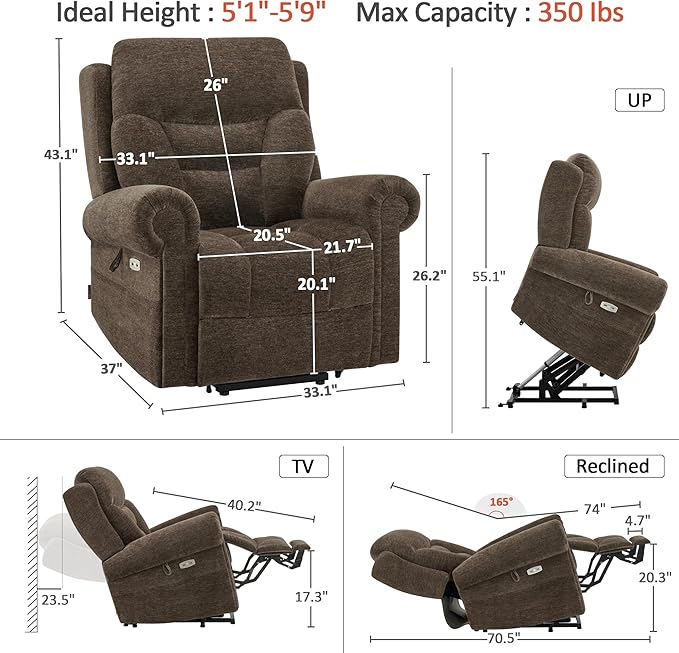MCombo Triple Motor Power Lift Recliner Chair with Massage and Lumbar&seat Heating, Rolled Arms, Adjustable Headrest for Elderly People, Fabric 7888 (Coffee, Medium)