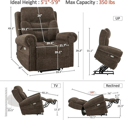 MCombo Triple Motor Power Lift Recliner Chair with Massage and Lumbar&seat Heating, Rolled Arms, Adjustable Headrest for Elderly People, Fabric 7888 (Coffee, Medium)