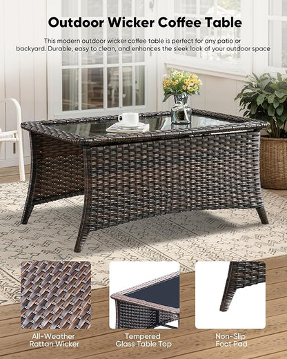7-Piece Outdoor Wicker Patio Furniture Set with Swivel Glider Chairs, 3-Seat Sofa, Coffee Table & Ottomans 5” Olefin Cushions Ergonomic Neck-Lumbar Backrest All-Weather Rattan for Garden, Deck, Porch