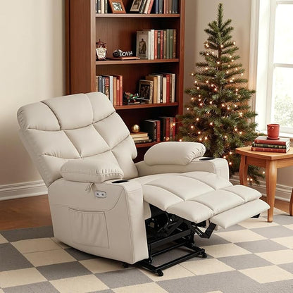 MCombo Power Lift Recliner Chair with Extended Footrest for Elderly People, Faux Leather 7287 (Cream White, Medium)