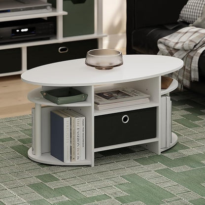 Furinno Jaya Coffee Table, Oval Modern Coffee Table with Shelves and Storage Bin, Side Table, for Living Room, Bedroom, Home Office, White