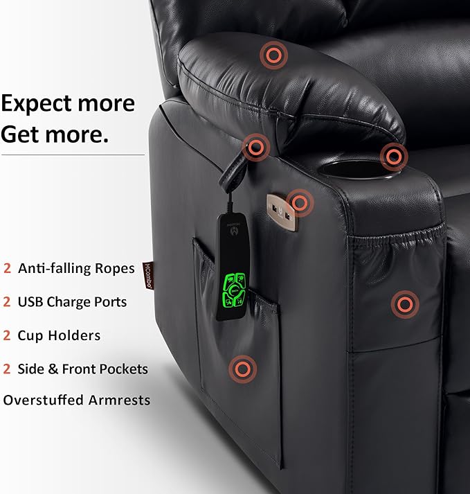 MCombo Oversized Dual Motor Power Lift Recliner Chair Sofa with Massage and Heat for Big Elderly People, Infinite Position, USB Ports, Faux Leather R7677 (Black, Medium-Oversize)