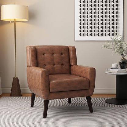 Accent Chair, Mid-Century Modern PU Leather Chairs with Arms for Living Room, Comfy Upholstered Club Single Sofa Armchair for Bedroom Waiting Room with Solid Wood Frame-Leather Coffee, Set of 1