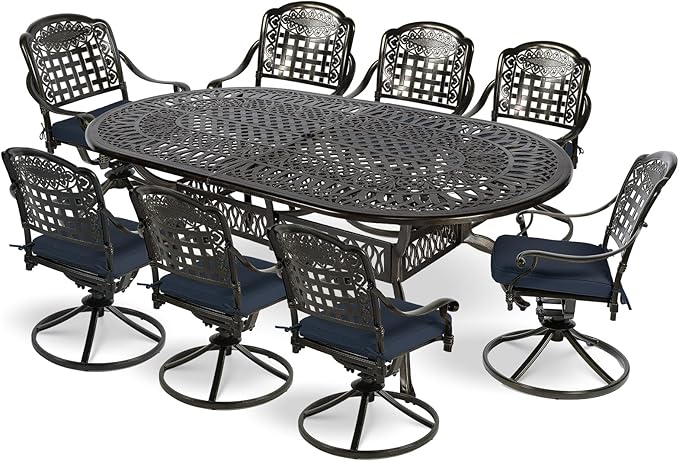 MEETWARM 9-Piece Outdoor Patio Dining Set, All-Weather Cast Aluminum Patio Conversation Set with 8 Cushioned Swivel Rocker Chairs for Backyard Garden Deck, 1 Oval Table, 2" Umbrella Hole, Navy Blue