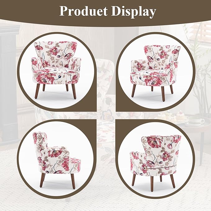 Floral Accent Chair, Upholstered Living Room Chairs with Solid Wood Legs, Mid Century Modern Velvet High Back Armchair for Living Room, Bedroom, Pink