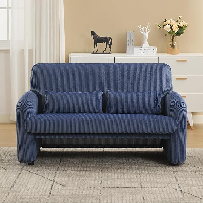 56'' Corduroy Loveseat Sofa, 2 Seater Love Seat Couch for Small Space, Comfy Upholstered Modern Leisure Loveseat Couches with Lumbar Pillows for Bedroom, Office, Living Room, Blue