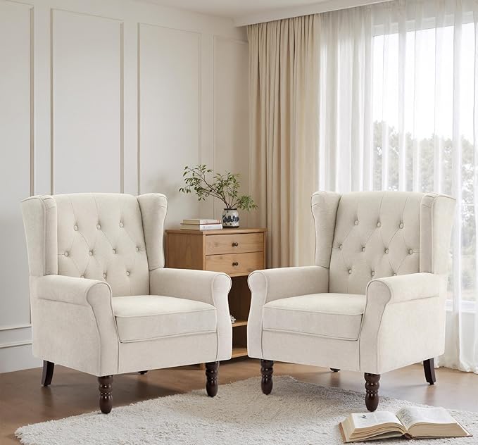 Lumibee High Back Accent Chair Set of 2,Upholstered Wingback Armchair with Solid Wood Legs for Small Spaces,Comfy Single Sofa Chair for Living Room,Bedroom,Office-Beige