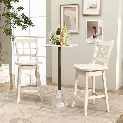 COSTWAY Swivel Bar Stools Set of 2, 24.5 Inch Counter Height Bar Chairs w/Hollow Backrest & Contoured Seat, Wooden Barstools w/Footrest for Kitchen Island, Pub, Bistro, Cafe (2, White)