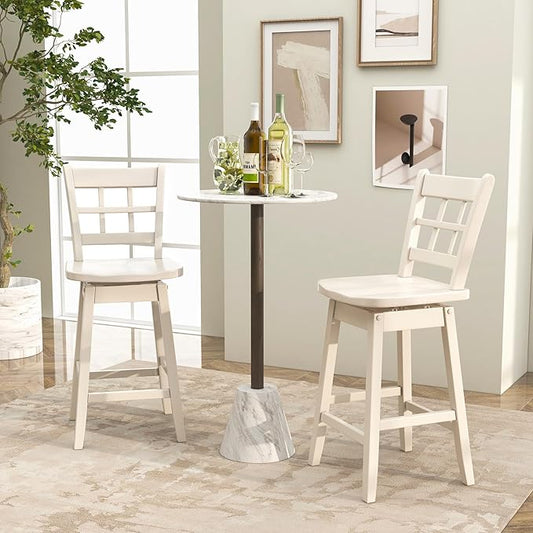 COSTWAY Swivel Bar Stools Set of 2, 24.5 Inch Counter Height Bar Chairs w/Hollow Backrest & Contoured Seat, Wooden Barstools w/Footrest for Kitchen Island, Pub, Bistro, Cafe (2, White)