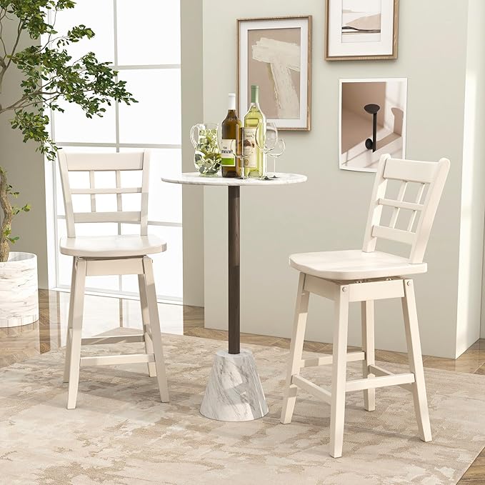 COSTWAY Swivel Bar Stools Set of 4, 24.5 Inch Counter Height Bar Chairs w/Hollow Backrest & Contoured Seat, Wooden Barstools w/Footrest for Kitchen Island, Pub, Bistro, Cafe (4, White)