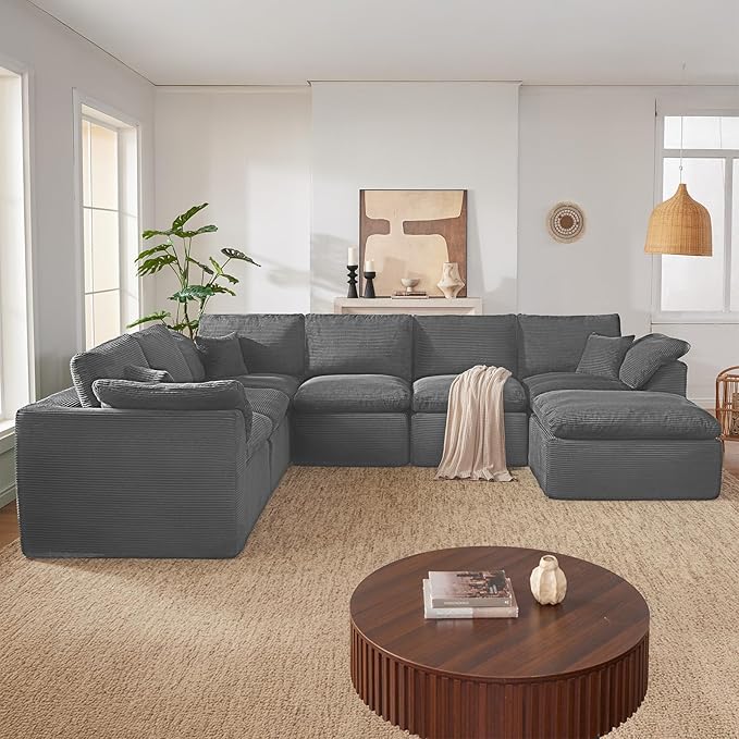 143" Cloud Sectional Couch, Boneless couches for Living Room, 7 Seater Large Modular Sectional Sofa with Deep Seat, Comfy Soft Cushions, No Assembly, Gray