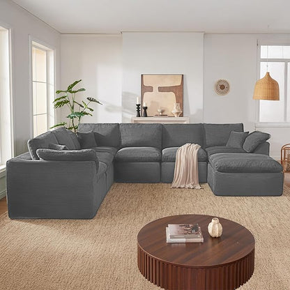 143" Cloud Sectional Couch, Boneless couches for Living Room, 7 Seater Large Modular Sectional Sofa with Deep Seat, Comfy Soft Cushions, No Assembly, Gray