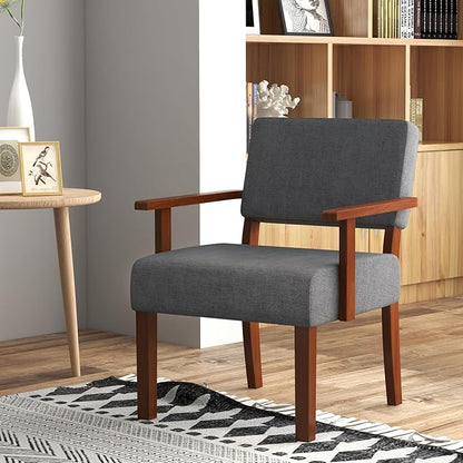 Giantex Mid Century Modern Accent Chair - Linen Living Room Arm Chair w/Soft Padded Seat & Backrest, Rubber Wood Frame, Upholstered Reading Chair for Living Room, Bedroom, Reception, Grey