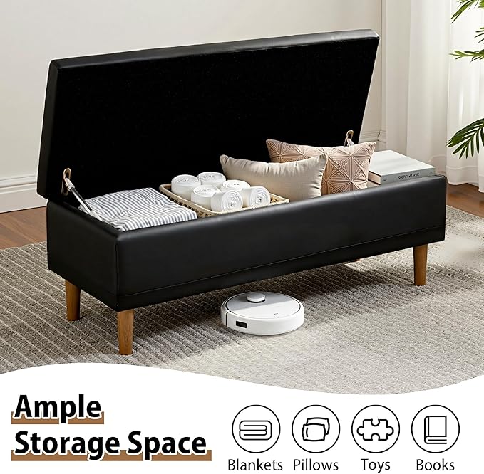 VECELO 44.5" Storage Ottoman Bench, Black Ottoman with Storage, Safety Hinge & Solid Wood Legs, Faux Leather Upholstered Ottoman with Seat for Living Room, Entryway, Holds up to 330 lb
