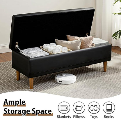 VECELO 44.5" Storage Ottoman Bench, Black Ottoman with Storage, Safety Hinge & Solid Wood Legs, Faux Leather Upholstered Ottoman with Seat for Living Room, Entryway, Holds up to 330 lb