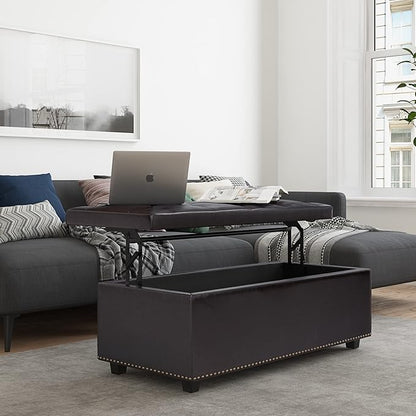 SIMPLIHOME Hamilton 44 inch Wide Traditional Rectangle Lift Top Rectangular Storage Ottoman in Tanners Brown Vegan Faux Leather, Assembled, For the Living Room, Entryway and Family Room