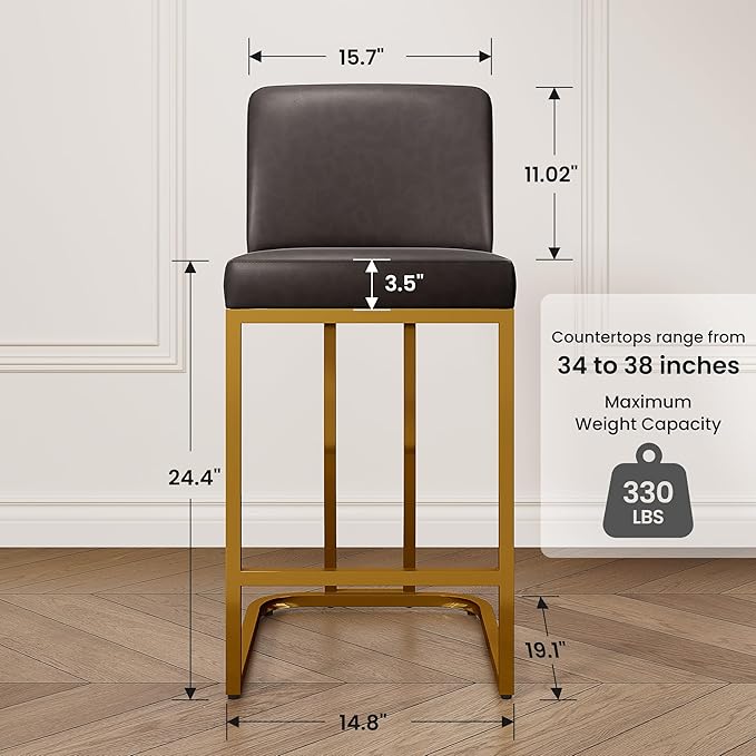 PHI VILLA Grey and Gold Bar Stools Set of 3, Faux Leather Counter Height Chairs, Kitchen Stools for Island, 24 Inch Barstools with Back