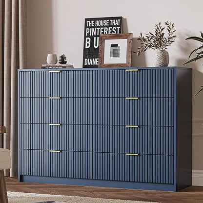 3-Piece Dresser Bedroom Set, 8 Drawer Dresser & 3 Drawer Nightstands with Gold Handles, Fluted Wood Chest of Drawers for Bedroom, Living Room, Entryway, Navy Blue