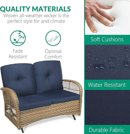 VIVIJASON 2-Piece Patio Wicker Loveseat Glider Set Cushioned, Outdoor Conversation Furniture Sets with 2-Seater Glider Rocking Bench, Coffee Table and Cushions for Porch Garden Poolside, Navy Blue