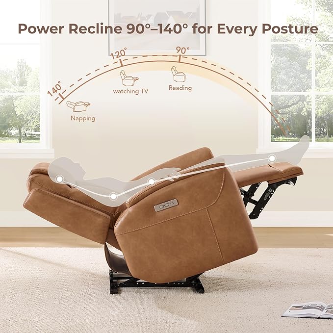 CHITA Super Zero Gravity Power Recliner Chair for Adults, Electric Faux Leather Recliner with USB & Type-C Charging Ports for Living Room, Bedroom & Home Theater Relaxation, Camel
