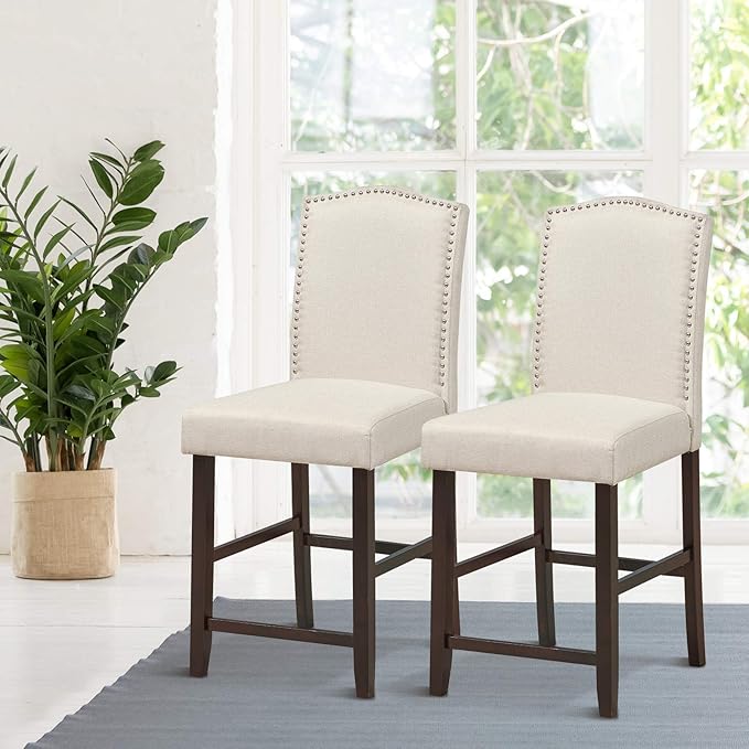 COSTWAY Bar Stools Set of 2, 25'' Upholstered Counter Height Bar Stools with S-Shaped Spring Thick Cushion, Rubber Wood Legs, High Back Leisure Chairs for Living, Kitchen, Dining Room (Beige, 2)