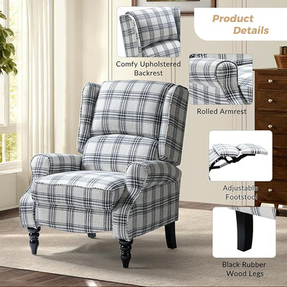 HULALA HOME Upholstered Wingback Recliner Chair, Small Adjustable Footrest Push Back Single Reclining Sofa, Mid Century Modern Lounge Armchair for Living Room, Bedroom, Reading/Plaid Black