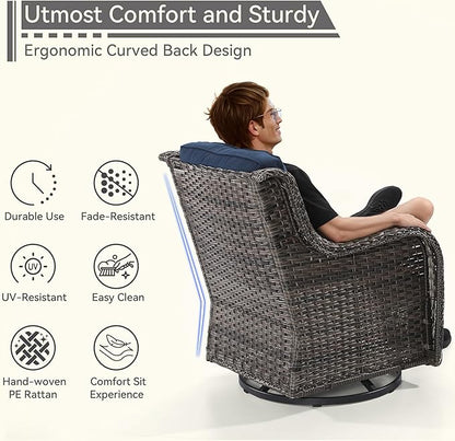 5 Pieces Outdoor Patio Furniture Set - Conversation Set Includes Wicker Swivel Rocker Chairs Set of 2, 2 Ottoman, 3 Seat Sofa, Suitable for Porch, Yard, Mixed Brown Rattan, Blue