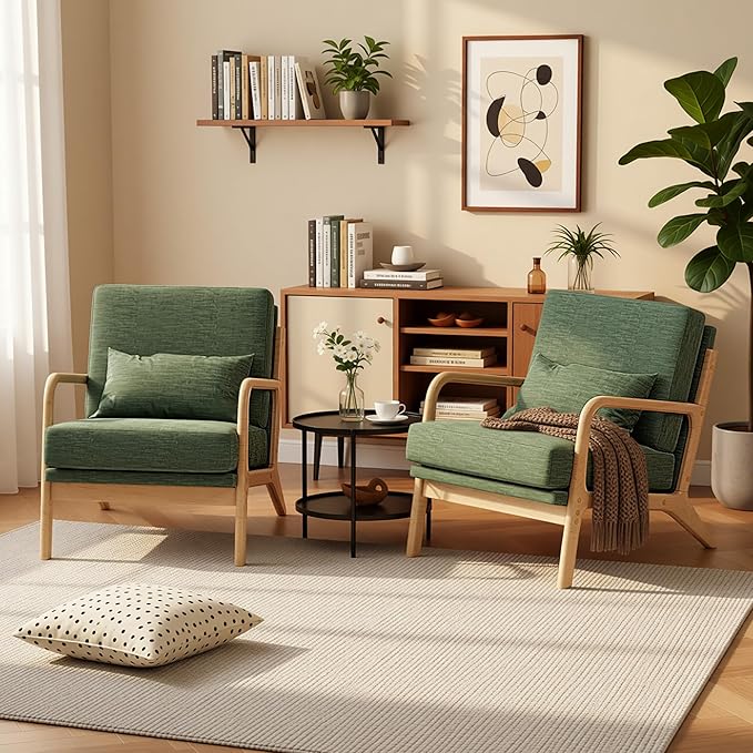 Claiks Mid-Century Modern Accent Chair, Living Room Armchair with Solid Wood Frame & Lumbar Pillow, Comfy Upholstered Lounge Chair for Bedroom, Office, Linen-Like Fabric, Green