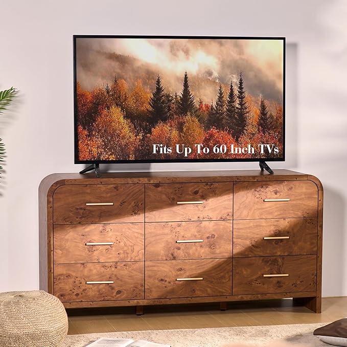 Curved 9-Drawer Dresser for Bedroom, 63" Wide Modern Chest of Drawers, Vanity Desk TV Stand for Living Room, Closet Storage Drawers Organizer Furniture, Nursery, Hallway, Dark Burl