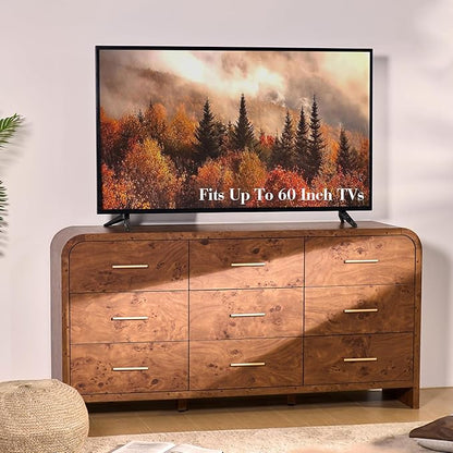Curved 9-Drawer Dresser for Bedroom, 63" Wide Modern Chest of Drawers, Vanity Desk TV Stand for Living Room, Closet Storage Drawers Organizer Furniture, Nursery, Hallway, Dark Burl