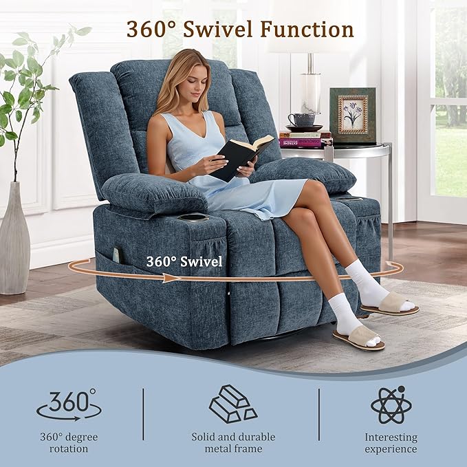 Adult 360° Swivel Rocking Recliner, Nursery Glider Lounger with Massage and Heating, Rocking Chair with Cup Holder, Living Room and Bedroom Manual Chair (Fabric, Blue)