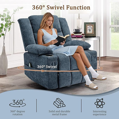 Adult 360° Swivel Rocking Recliner, Nursery Glider Lounger with Massage and Heating, Rocking Chair with Cup Holder, Living Room and Bedroom Manual Chair (Fabric, Blue)