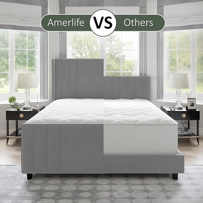 AMERLIFE Queen Size Bed Frame, Velvet Upholstered Platform Bed with Vertical Channel Tufted Headboard & Footboard/Wingback, Mattress Foundation with Wood Slats, No Box Spring Needed, Light Grey