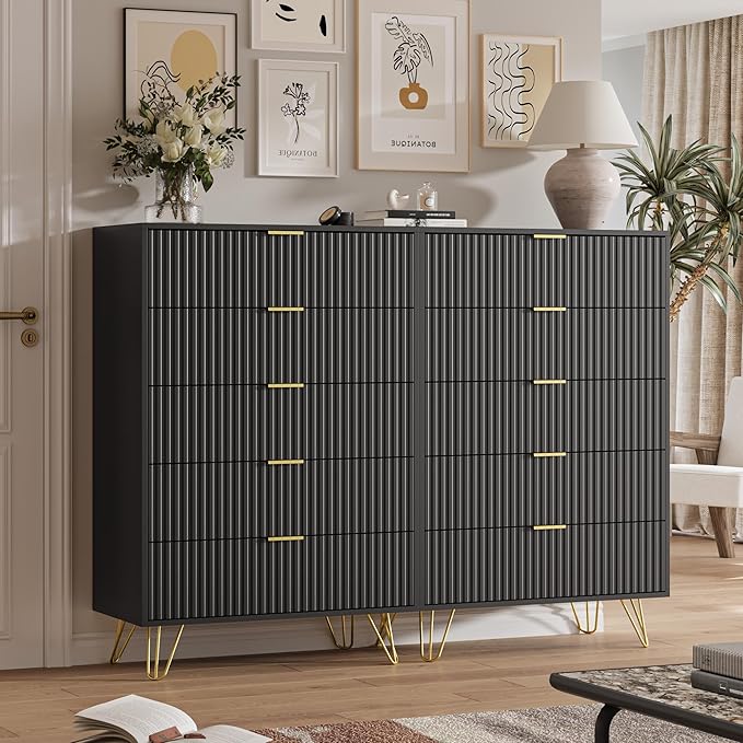 5 Drawers Dresser for Bedroom, 47" Tall Modern Chest of Drawers with Gold Handle, Fluted Wood Dresser for Bedroom, Living Room, Hallway, Entryway, Black