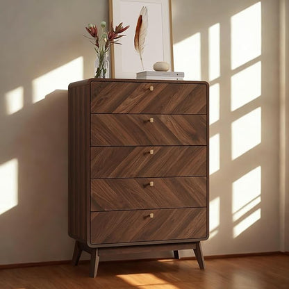 LuxenHome 5 Drawer Dresser for Bedroom, Mid Century Modern 48" Tall Wooden Bedroom Dressers, Walnut Brown MDF Wood Bedroom Dressers with Drawers, Chest of Drawers for Clothes Organizer Furniture