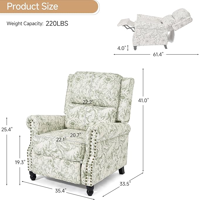 Lumibee Recliner Chairs Set of 2, Wingback Recliner Chairs for Living Room, Modern Upholstered Fabric Pushback Armchairs with Adjustable Backrest & Footrest for Small Spaces,Bedroom-Rococo Green