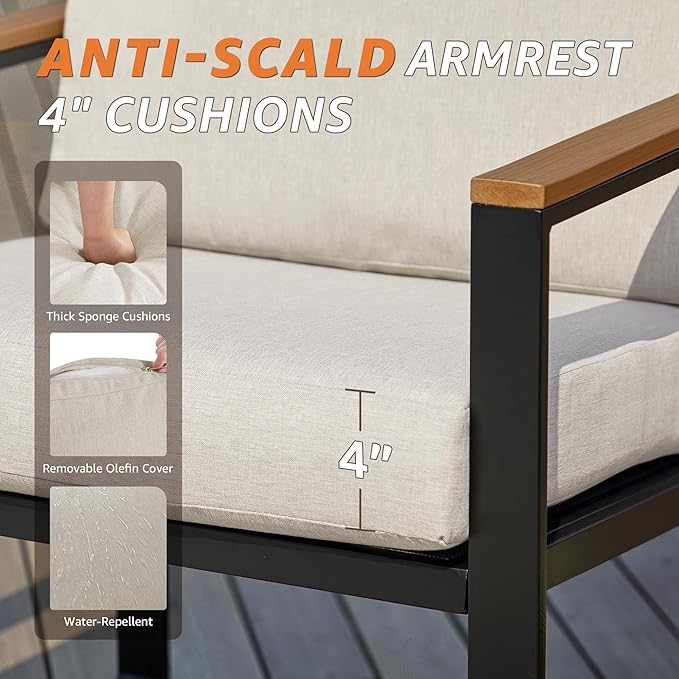NATURAL EXPRESSIONS 4 Pieces Patio Furniture Sets,Metal Outdoor Patio Furniture Sets,Outdoor Sectional Patio Conversation Set,Wooden Anti-Scald Armrest,Sling Mesh,4" Olefin Cushions