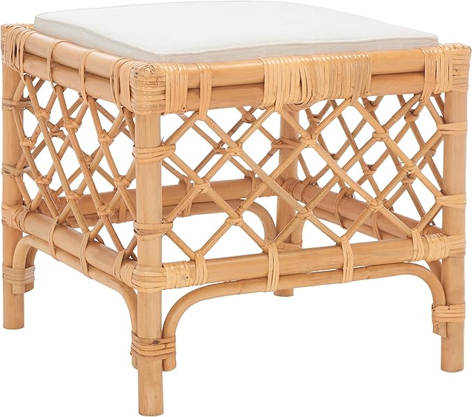 SAFAVIEH Home Collection Larroux Honey/White Rattan Solid Wood Ottoman with Cushion (Fully Assembled)