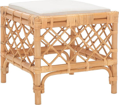 SAFAVIEH Home Collection Larroux Honey/White Rattan Solid Wood Ottoman with Cushion (Fully Assembled)