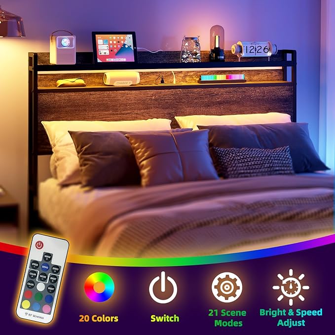 Elephance Headboard for Queen Size Bed Frame with 2 Tier Storage, with Outlets, USB and Type C Ports and LED Light, Height Adjustable, Platform Bed Headboard Only, Easy Assembly