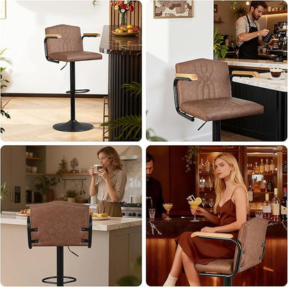 VECELO Bar Stools Set of 2, Adjustable & Swivel Faux Leather Bar Stools with Backs and Footrest, for Kitchen Islands, Dining Counters, Home Bars, Brown