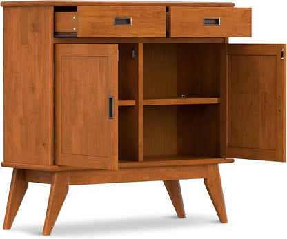 SIMPLIHOME Draper Solid Hardwood 36 inch Wide Mid Century Modern Entryway Storage Cabinet in Teak Brown for The Living Room, Entryway and Family Room