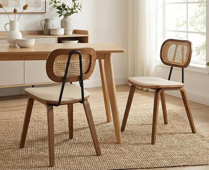 Mid-Century Dining Chairs Set of 4, PU Leather Kitchen Chairs with Rattan Backrest Wooden Legs Armless Design for Dining Room Living Room, Beige