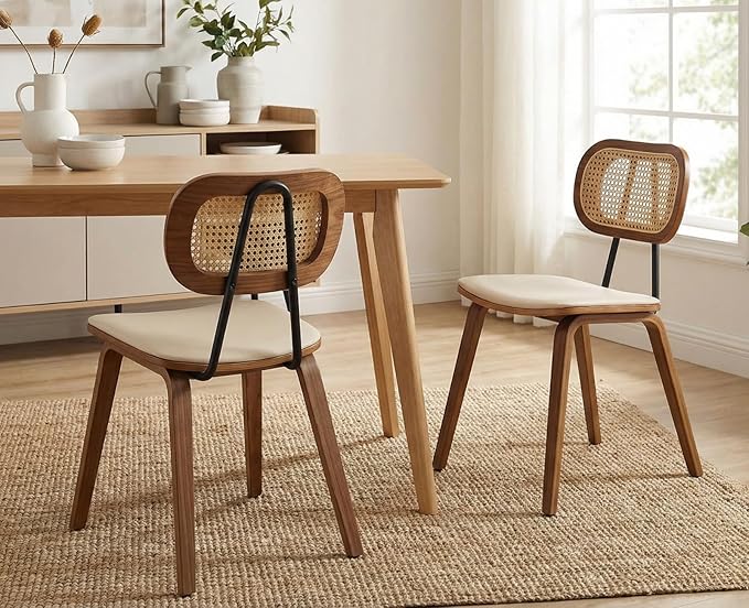 Mid-Century Dining Chairs Set of 2, PU Leather Kitchen Chairs with Rattan Backrest Wooden Legs Armless Design for Dining Room Living Room, Beige