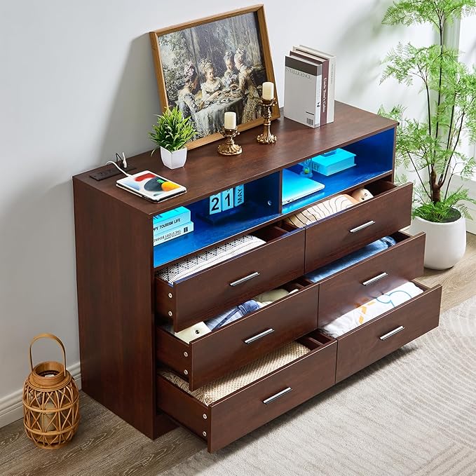 LIDYUK Dark Cherry Dresser for Bedroom, 6 Drawer Dressers & Chests of Drawers, Modern Wood Dresser with Charging Station and LED Lights, 48 Inches Wide Chest of Drawers for Bedroom, Living Room