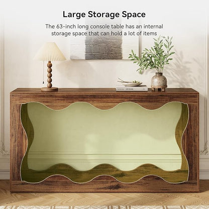 LITTLE TREE 63-Inch Entryway Table, Chic Design, Farmhouse Sofa Table Behind Couch, Scalloped Console Table with Build-in Storage Space for Entryway, Living Room, Hallway