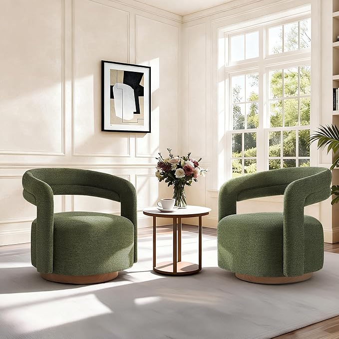 Swivel Accent Chair Set of 2, Upholstered Barrel Chair with Open Back Design, Modern Arm Chair with Wooden Base for Living Room Bedroom Reading Waitingroom,Green