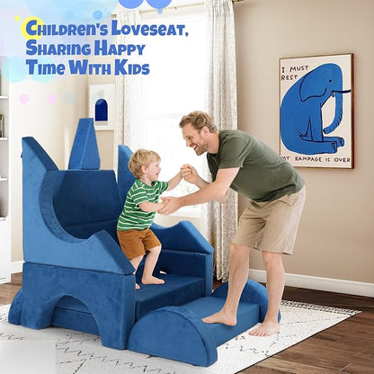 15 Pcs Modular Kids Play Couch, Toddler Couches That Fold Out, Plush Foam Chair for Children’s Playroom, Velvet Fabric Convertible Foam and Floor Cushion for Boys and Girls (Blue,27)