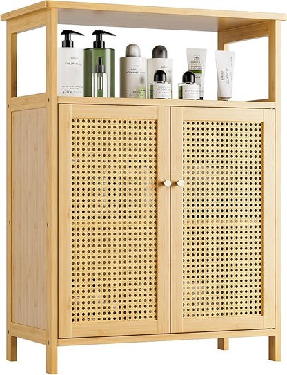 Bathroom Floor Stand Cabinet, Bamboo Storage Organizer Table with 2 Rattan Doors and 1 Shelf, Wooden Side Cupboard for Hallway, Laundry, Kitchen, Living Room (Natural)