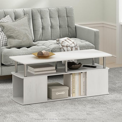 Furinno Jaya Coffee Table, Rectangle Modern Coffee Table with Open Shelf, Side Table with Side Storage, for Living Room, Bedroom, Home Office, White Oak/Stainless Steel